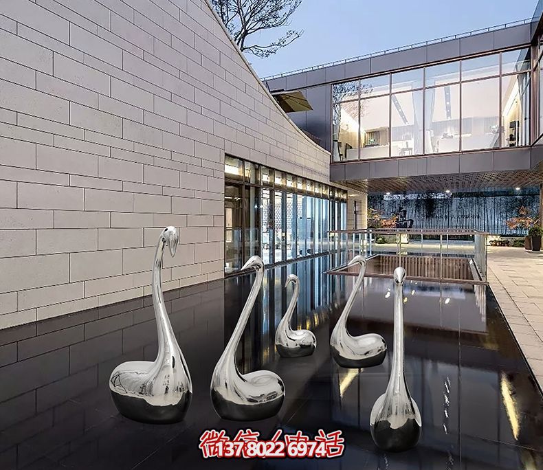 不銹鋼創(chuàng)意天鵝雕塑，鏡面水中裝飾別墅