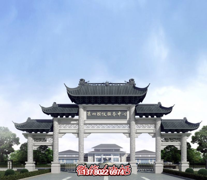 一座新式殯儀館五門(mén)景觀、青瓦斗拱、牌樓等高雅裝飾